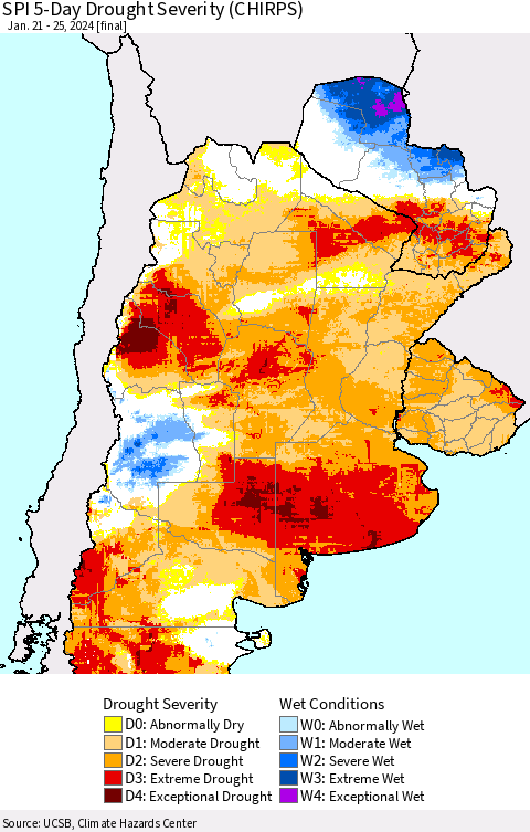 Southern South America SPI 5-Day Drought Severity (CHIRPS) Thematic Map For 1/21/2024 - 1/25/2024