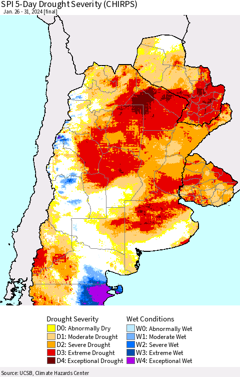 Southern South America SPI 5-Day Drought Severity (CHIRPS) Thematic Map For 1/26/2024 - 1/31/2024