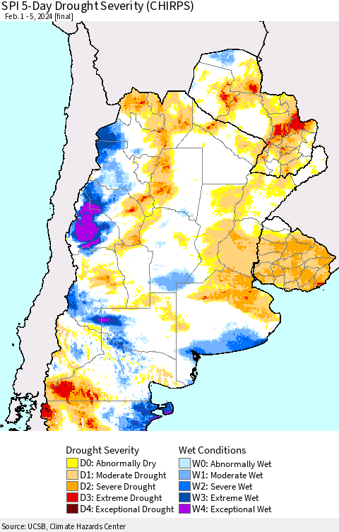 Southern South America SPI 5-Day Drought Severity (CHIRPS) Thematic Map For 2/1/2024 - 2/5/2024