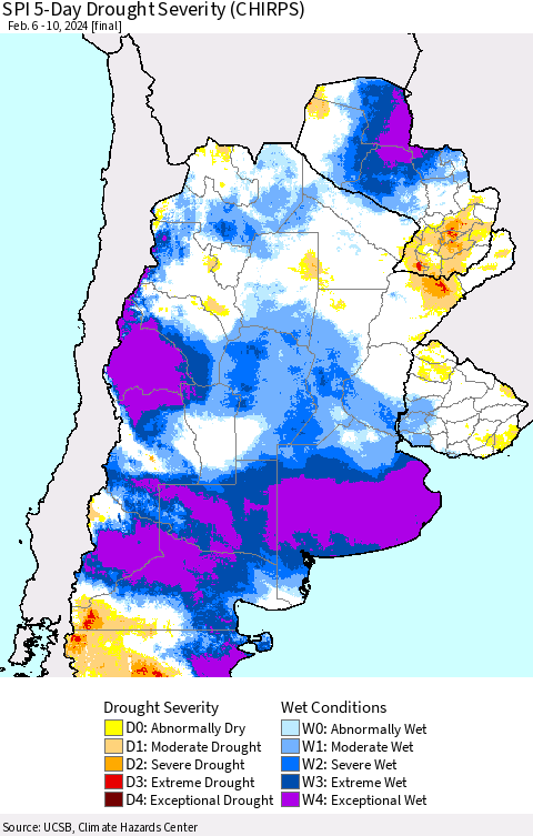Southern South America SPI 5-Day Drought Severity (CHIRPS) Thematic Map For 2/6/2024 - 2/10/2024