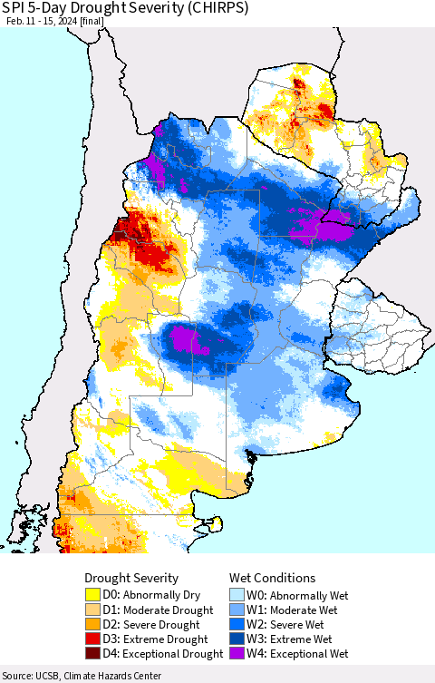 Southern South America SPI 5-Day Drought Severity (CHIRPS) Thematic Map For 2/11/2024 - 2/15/2024