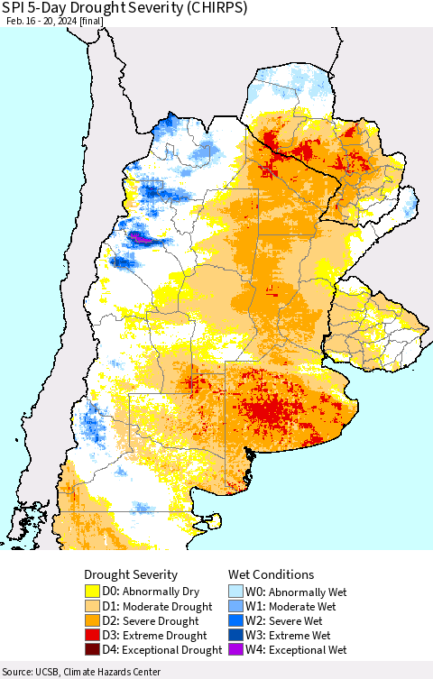Southern South America SPI 5-Day Drought Severity (CHIRPS) Thematic Map For 2/16/2024 - 2/20/2024