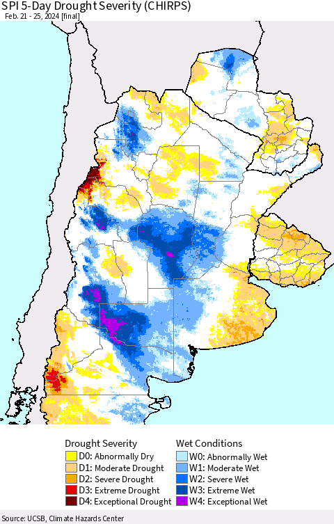 Southern South America SPI 5-Day Drought Severity (CHIRPS) Thematic Map For 2/21/2024 - 2/25/2024