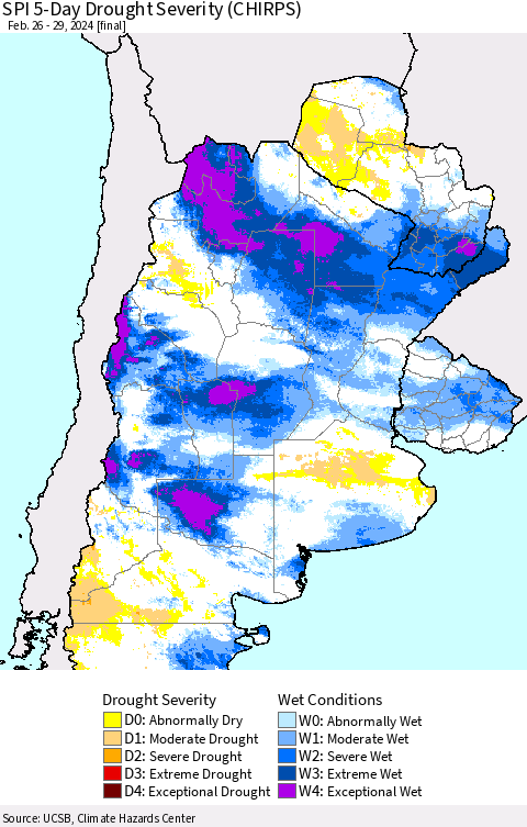 Southern South America SPI 5-Day Drought Severity (CHIRPS) Thematic Map For 2/26/2024 - 2/29/2024