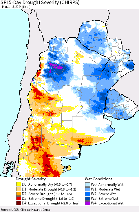 Southern South America SPI 5-Day Drought Severity (CHIRPS) Thematic Map For 3/1/2024 - 3/5/2024