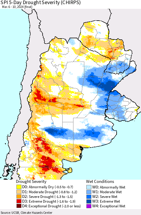 Southern South America SPI 5-Day Drought Severity (CHIRPS) Thematic Map For 3/6/2024 - 3/10/2024