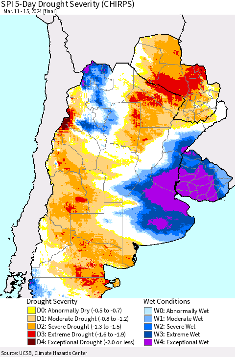 Southern South America SPI 5-Day Drought Severity (CHIRPS) Thematic Map For 3/11/2024 - 3/15/2024