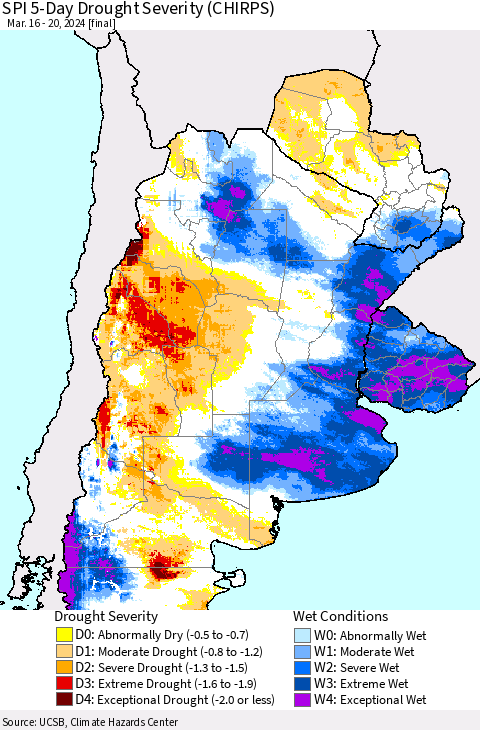 Southern South America SPI 5-Day Drought Severity (CHIRPS) Thematic Map For 3/16/2024 - 3/20/2024