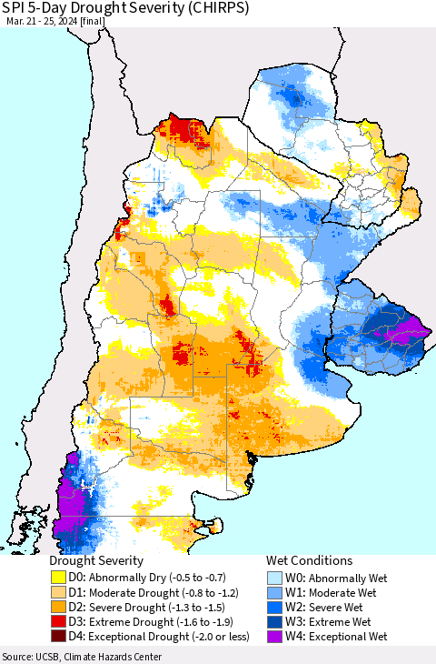 Southern South America SPI 5-Day Drought Severity (CHIRPS) Thematic Map For 3/21/2024 - 3/25/2024