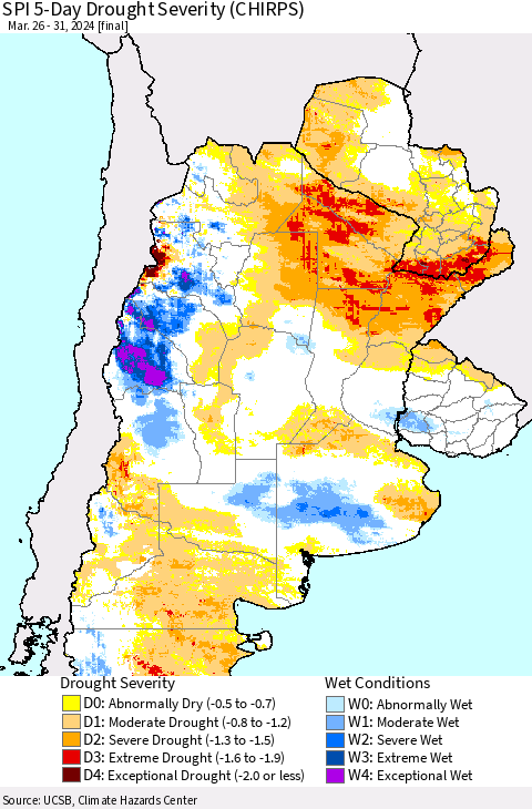 Southern South America SPI 5-Day Drought Severity (CHIRPS) Thematic Map For 3/26/2024 - 3/31/2024