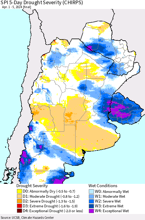 Southern South America SPI 5-Day Drought Severity (CHIRPS) Thematic Map For 4/1/2024 - 4/5/2024