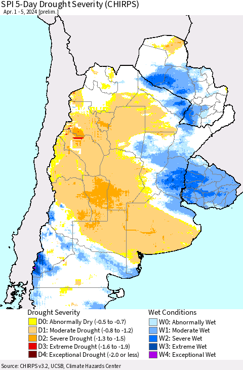 Southern South America SPI 5-Day Drought Severity (CHIRPS) Thematic Map For 4/1/2024 - 4/5/2024