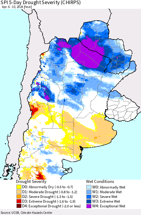 Southern South America SPI 5-Day Drought Severity (CHIRPS) Thematic Map For 4/6/2024 - 4/10/2024