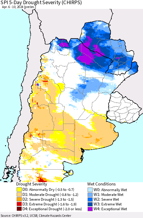 Southern South America SPI 5-Day Drought Severity (CHIRPS) Thematic Map For 4/6/2024 - 4/10/2024