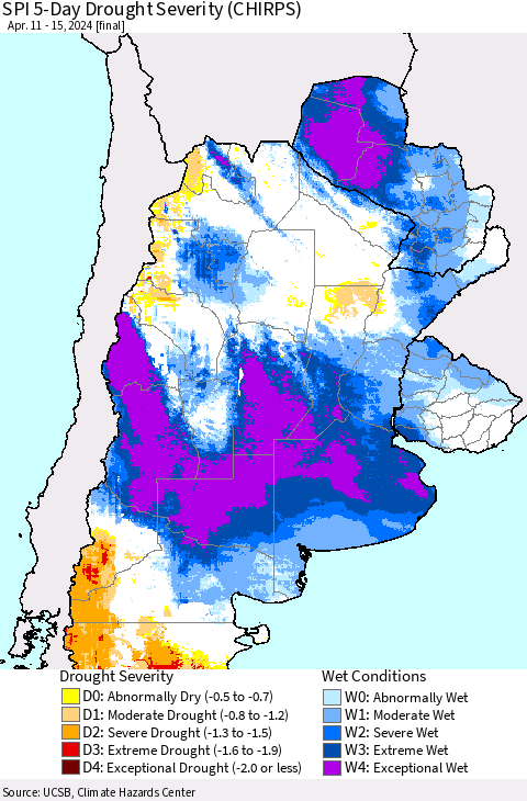 Southern South America SPI 5-Day Drought Severity (CHIRPS) Thematic Map For 4/11/2024 - 4/15/2024