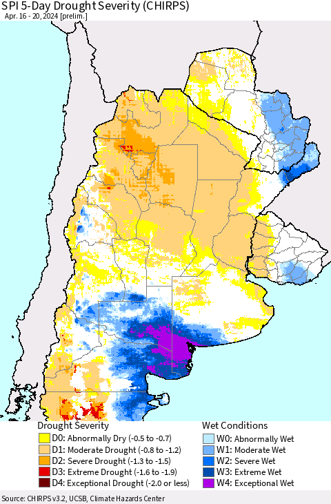 Southern South America SPI 5-Day Drought Severity (CHIRPS) Thematic Map For 4/16/2024 - 4/20/2024