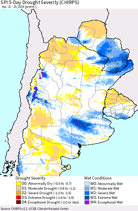 Southern South America SPI 5-Day Drought Severity (CHIRPS) Thematic Map For 4/21/2024 - 4/25/2024