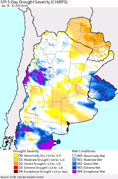 Southern South America SPI 5-Day Drought Severity (CHIRPS) Thematic Map For 4/26/2024 - 4/30/2024