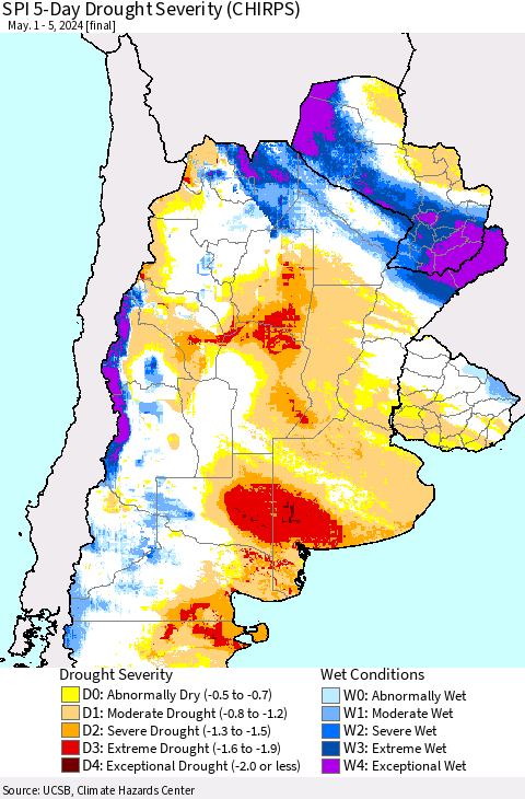 Southern South America SPI 5-Day Drought Severity (CHIRPS) Thematic Map For 5/1/2024 - 5/5/2024