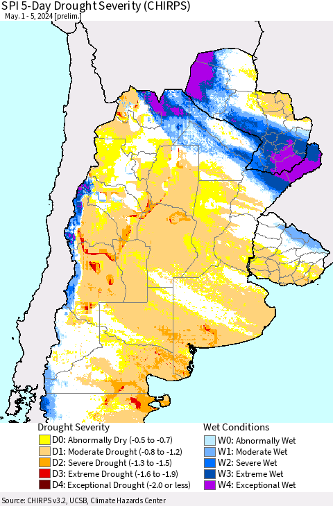 Southern South America SPI 5-Day Drought Severity (CHIRPS) Thematic Map For 5/1/2024 - 5/5/2024