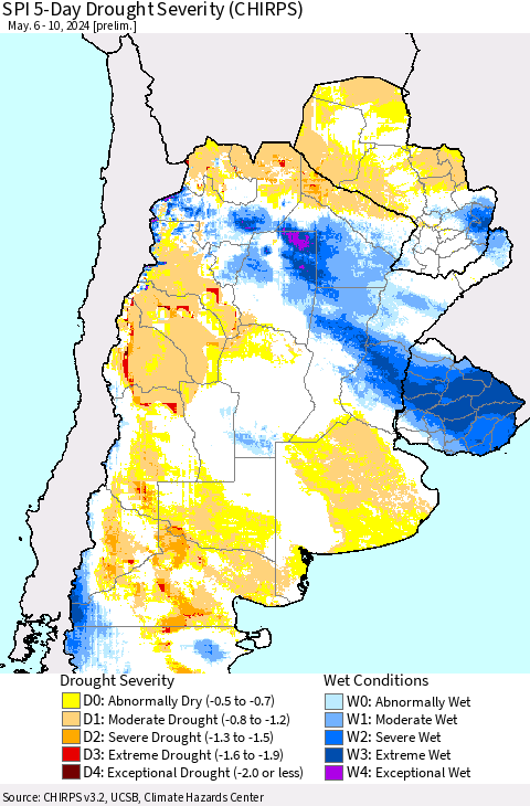 Southern South America SPI 5-Day Drought Severity (CHIRPS) Thematic Map For 5/6/2024 - 5/10/2024