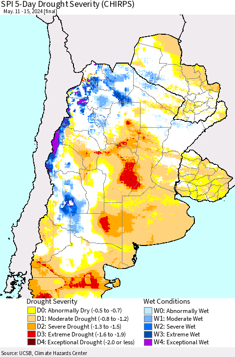 Southern South America SPI 5-Day Drought Severity (CHIRPS) Thematic Map For 5/11/2024 - 5/15/2024