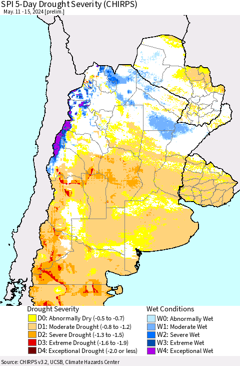 Southern South America SPI 5-Day Drought Severity (CHIRPS) Thematic Map For 5/11/2024 - 5/15/2024