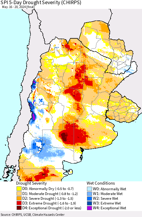 Southern South America SPI 5-Day Drought Severity (CHIRPS) Thematic Map For 5/16/2024 - 5/20/2024