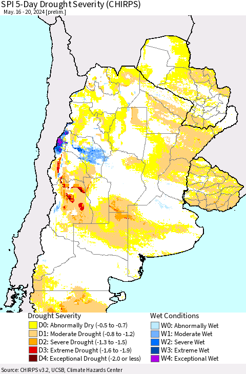 Southern South America SPI 5-Day Drought Severity (CHIRPS) Thematic Map For 5/16/2024 - 5/20/2024