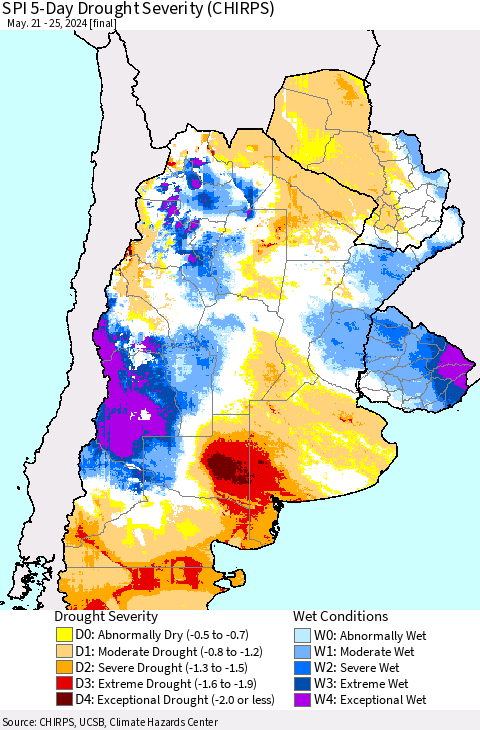 Southern South America SPI 5-Day Drought Severity (CHIRPS) Thematic Map For 5/21/2024 - 5/25/2024