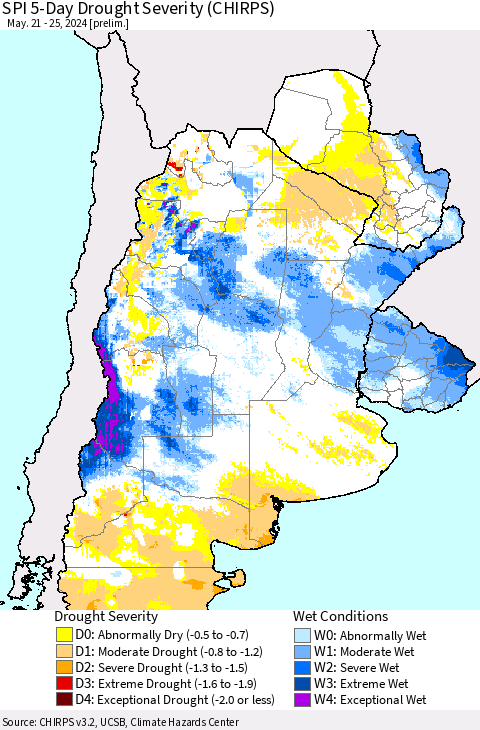 Southern South America SPI 5-Day Drought Severity (CHIRPS) Thematic Map For 5/21/2024 - 5/25/2024