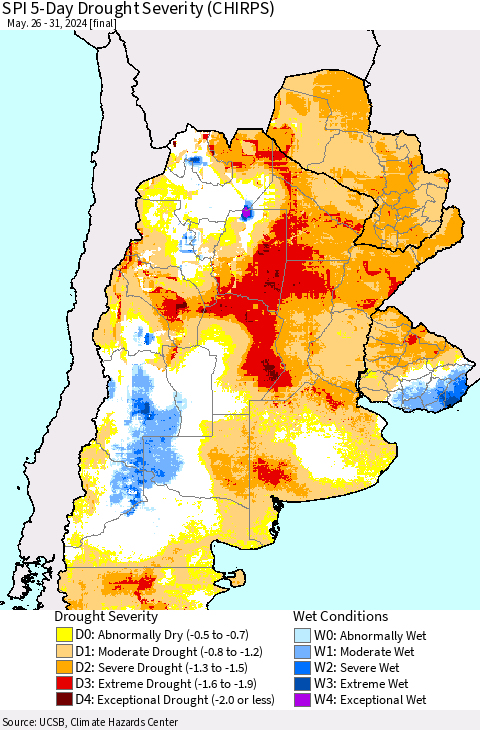 Southern South America SPI 5-Day Drought Severity (CHIRPS) Thematic Map For 5/26/2024 - 5/31/2024