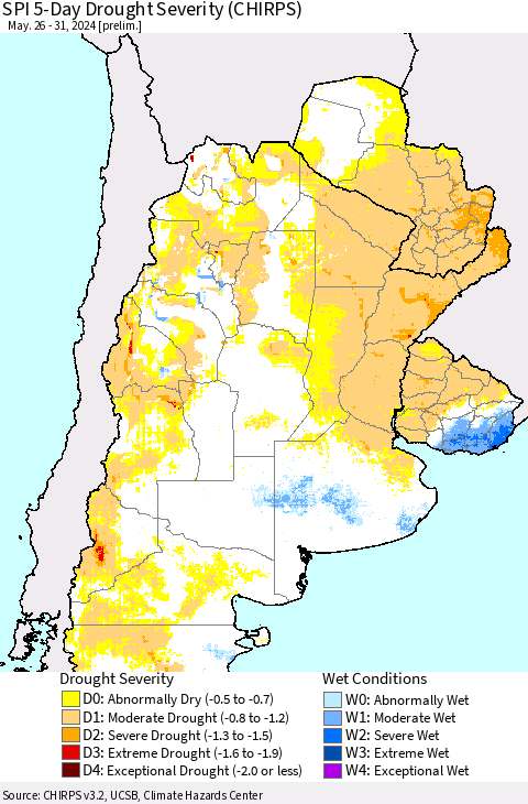 Southern South America SPI 5-Day Drought Severity (CHIRPS) Thematic Map For 5/26/2024 - 5/31/2024