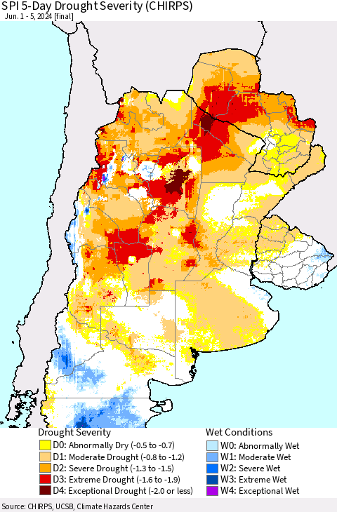 Southern South America SPI 5-Day Drought Severity (CHIRPS) Thematic Map For 6/1/2024 - 6/5/2024