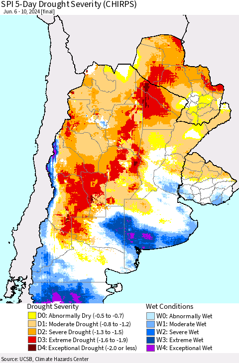 Southern South America SPI 5-Day Drought Severity (CHIRPS) Thematic Map For 6/6/2024 - 6/10/2024
