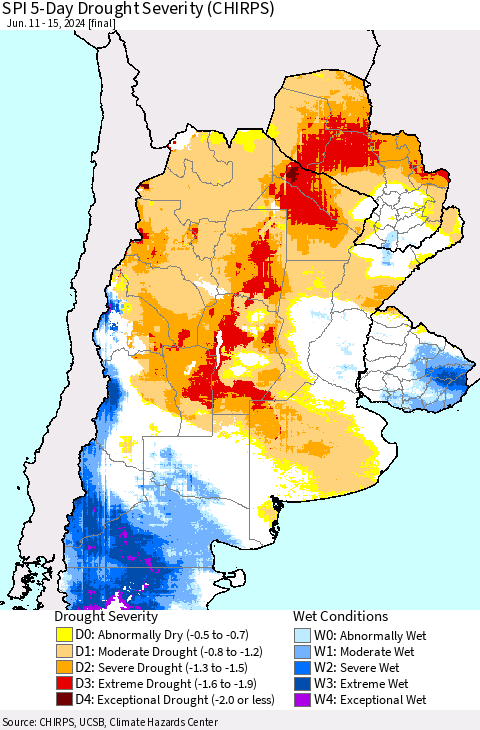 Southern South America SPI 5-Day Drought Severity (CHIRPS) Thematic Map For 6/11/2024 - 6/15/2024