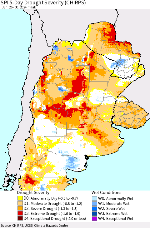 Southern South America SPI 5-Day Drought Severity (CHIRPS) Thematic Map For 6/26/2024 - 6/30/2024