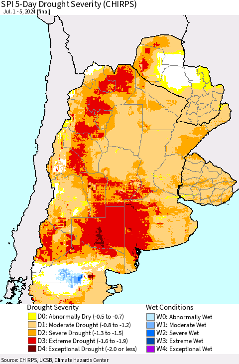 Southern South America SPI 5-Day Drought Severity (CHIRPS) Thematic Map For 7/1/2024 - 7/5/2024
