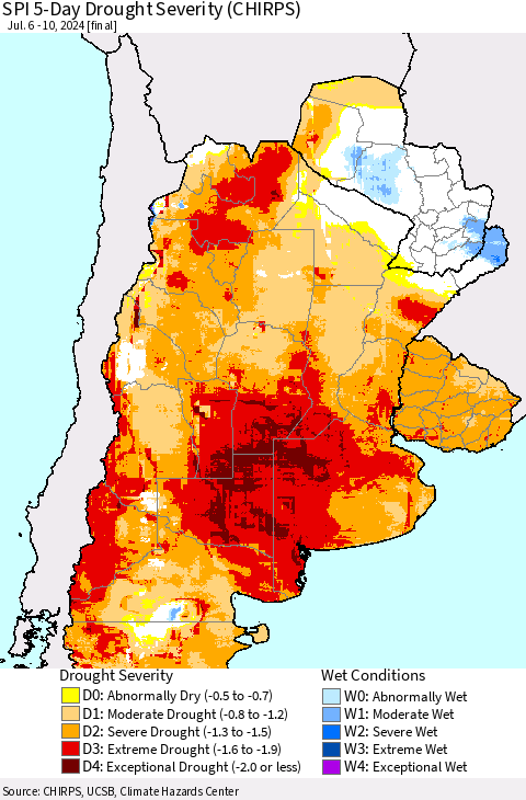 Southern South America SPI 5-Day Drought Severity (CHIRPS) Thematic Map For 7/6/2024 - 7/10/2024