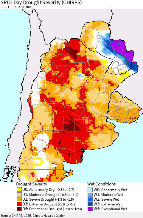 Southern South America SPI 5-Day Drought Severity (CHIRPS) Thematic Map For 7/11/2024 - 7/15/2024