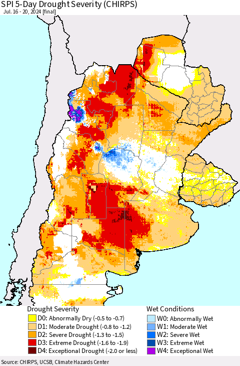 Southern South America SPI 5-Day Drought Severity (CHIRPS) Thematic Map For 7/16/2024 - 7/20/2024