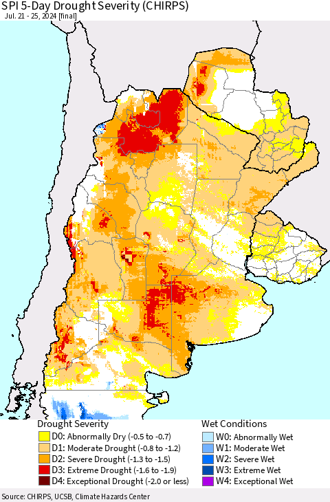 Southern South America SPI 5-Day Drought Severity (CHIRPS) Thematic Map For 7/21/2024 - 7/25/2024