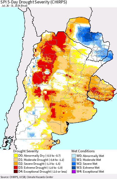 Southern South America SPI 5-Day Drought Severity (CHIRPS) Thematic Map For 7/26/2024 - 7/31/2024
