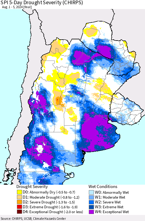 Southern South America SPI 5-Day Drought Severity (CHIRPS) Thematic Map For 8/1/2024 - 8/5/2024