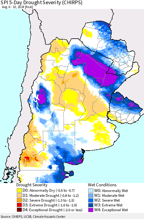 Southern South America SPI 5-Day Drought Severity (CHIRPS) Thematic Map For 8/6/2024 - 8/10/2024