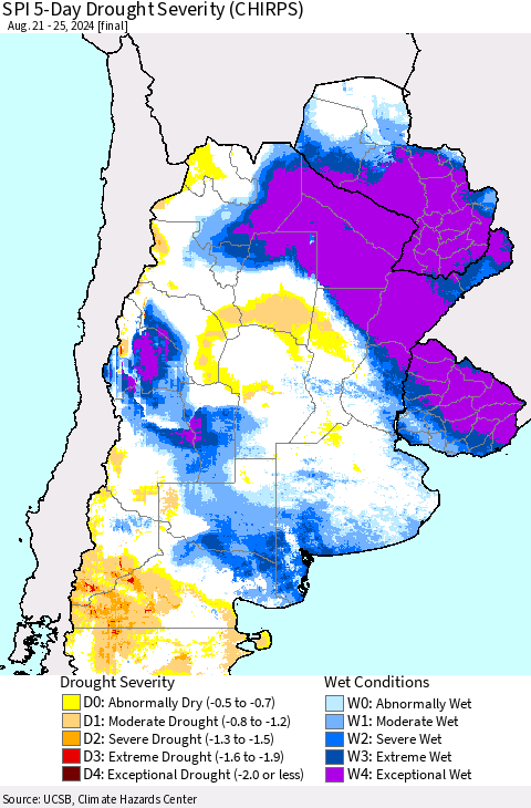 Southern South America SPI 5-Day Drought Severity (CHIRPS) Thematic Map For 8/21/2024 - 8/25/2024