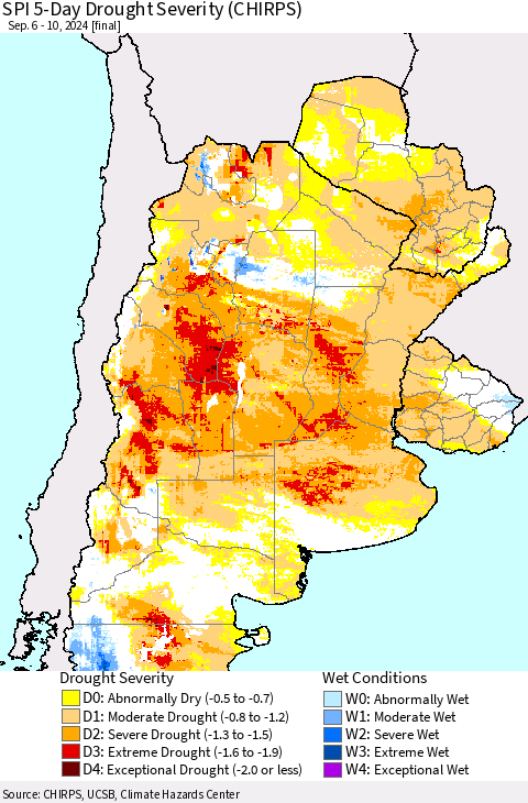 Southern South America SPI 5-Day Drought Severity (CHIRPS) Thematic Map For 9/6/2024 - 9/10/2024