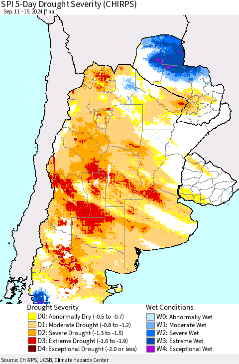 Southern South America SPI 5-Day Drought Severity (CHIRPS) Thematic Map For 9/11/2024 - 9/15/2024