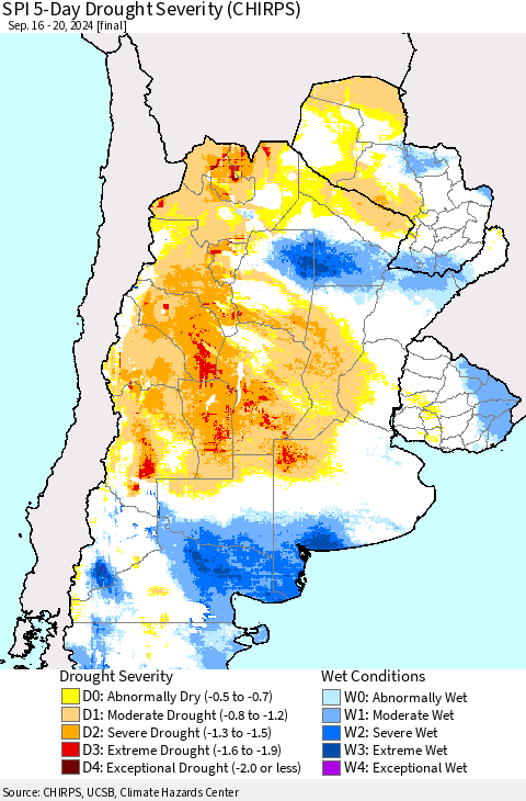 Southern South America SPI 5-Day Drought Severity (CHIRPS) Thematic Map For 9/16/2024 - 9/20/2024