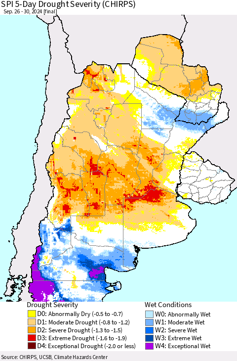 Southern South America SPI 5-Day Drought Severity (CHIRPS) Thematic Map For 9/26/2024 - 9/30/2024